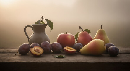 Still life with plums pears and apples arranged with a pitcher on a wooden surface in soft lighting ai generated