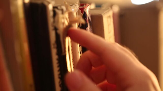A close-up shot shows a hand pulling a file folder marked "5-22537" from a row of indexed archaeological documents on a dark library shelf.