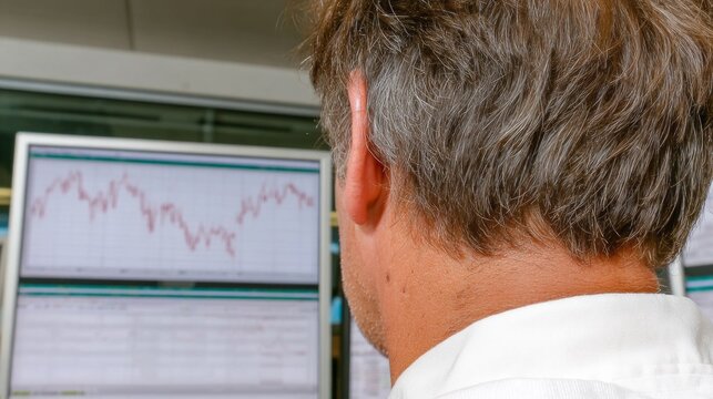 A European male analyst engrossed in market fluctuations, embodying the thrill of World Statistics Day and Data Innovation Day - Powered by Adobe