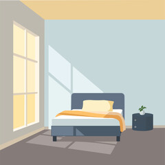 Bedroom interior with bed, nightstand, and window casting light rays