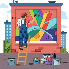 Artist painting a colorful mural on a building wall