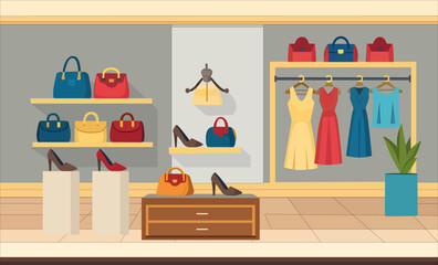 Fashion store interior with dresses, shoes and bags on display
