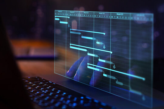project management, gantt chart on virtual screen, business project planning concept