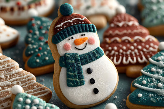 Christmas cookies, snowman, christmas tree, on festive background. Homemade food design decoration template