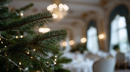 Twinkling fairy lights embrace evergreen boughs in opulent ballroom, perfect for Yuletide nostalgia or Winter Solstice revelry