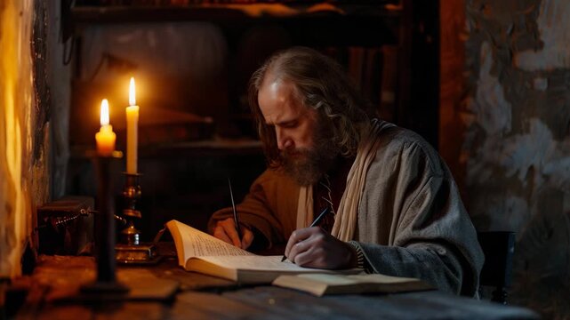 Focused writer creates in dim candlelight in a quiet room