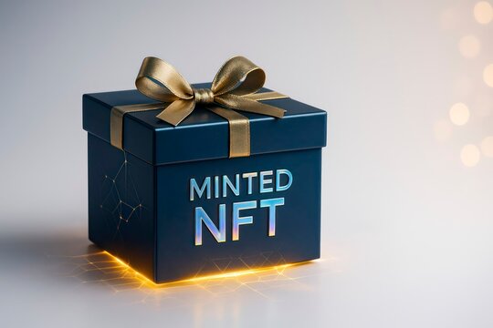 A dark blue gift box with a gold ribbon and the text 'MINTED NFT' illuminated on the front. The background is softly blurred with warm lights, suggesting a festive atmosphere.