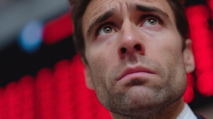 Pensive Caucasian man amidst vibrant digital stock tickers, evoking Bull and Bear Day, financial introspection, and volatility's symphony