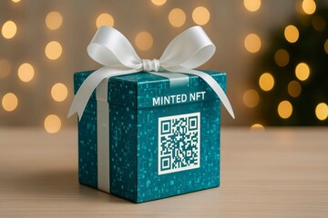A teal gift box with a white ribbon sits on a wooden table. The box features a QR code labeled 'MINTED NFT'. Soft bokeh lights create a festive background.