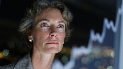 A contemplative Caucasian woman gazes at fluctuating graphs, embodying financial wisdom on Fibonacci Day and World Statistics Day