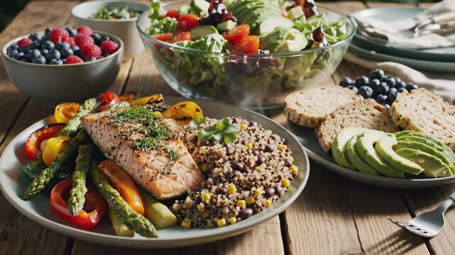 Fresh seafood, colorful vegetables, and crusty bread form a vibrant selection of globally inspired dishes in a stunning 4K UHD scene, capturing the concept of diverse healthy food options and.