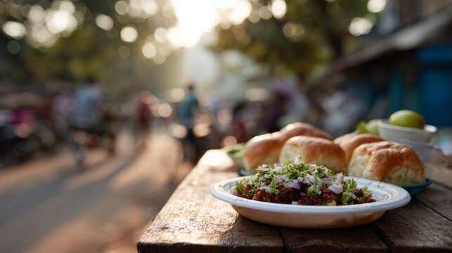 Spicy pav bhaji on rustic table, capturing Mumbai street essence, vibrant Indian snack culture, and Diwali feast festivities
