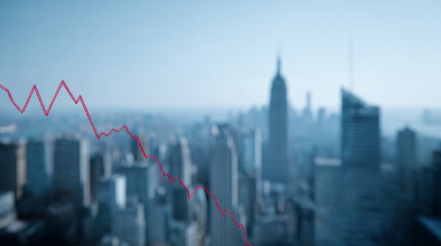 Urban skyline blurs behind a jagged economic graph, evoking Wall Street's ghostly dance, perfect for Financial Awareness Month