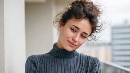 Curly-haired woman in cozy sweater, European descent, wistful introspection on a city balcony, celebrating World Poetry Day and Hygge