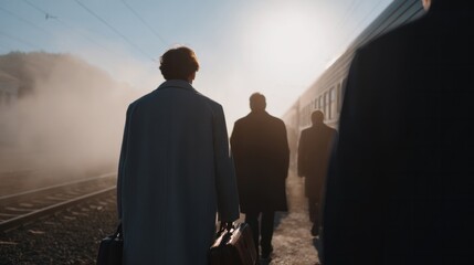 Ethereal sunrise train station hustle, diverse silhouettes, introspective journey, wanderlust musings, cherished Time Traveler's Day vibes