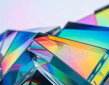 Close-up of iridescent geometric prisms refracting light into a spectrum of vibrant colors