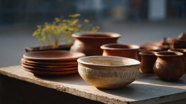 Rustic earthenware basking in golden light, echoing ancient Diwali traditions and earthy, aromatic, culinary nostalgia; artisanal charm abounds
