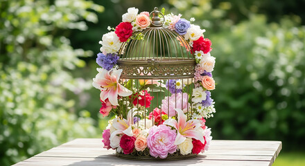 Ornate birdcage filled with colorful flowers sitting on a wooden surface outdoors in a garden setting ai generated