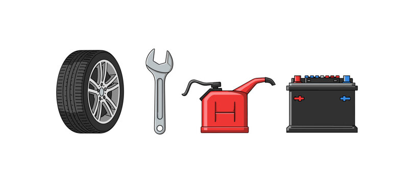 Automotive tools and components collection with tire, wrench, oil can, and battery