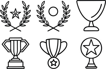 Outline award icons set: trophies, cups, laurels, medals, stars