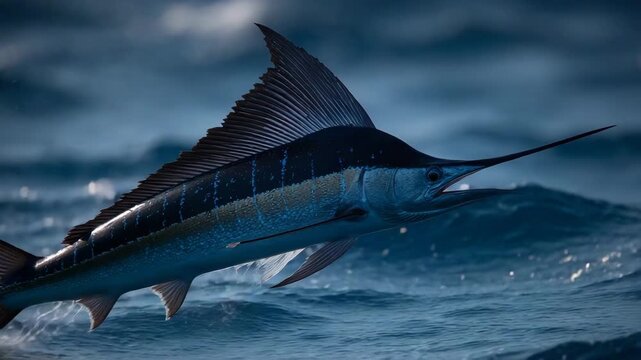 Jumping marlin creates a spectacular splash in deep ocean waters