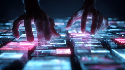 Human fingers interact directly with a dark surface displaying glowing digital information panels