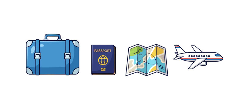 Travel essentials: luggage, passport, map, and airplane in flat design
