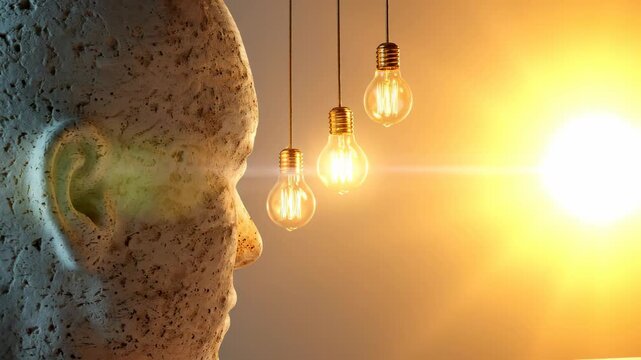Human intellect contemplating profound wisdom, a textured stone head profile illuminated by three glowing bulbs, symbolizing the birth of brilliant philosophy and essential knowledge.