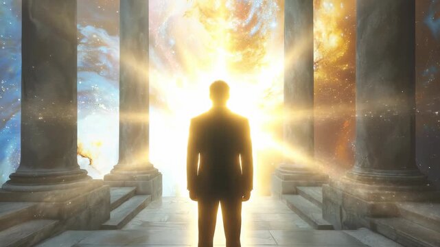 A solitary individual embraces the philosophy of cosmic exploration, standing poised between monumental pillars, gazing into a luminous celestial gateway, discovering infinite universal truth.