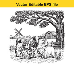 Farm animals including cow, calf, pig, goat, chicken, and a windmill with a barn under a tree, black and white sketch