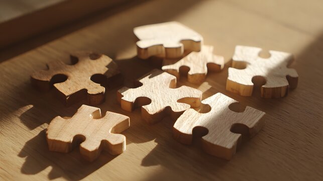 Several small wooden puzzle pieces are scattered across a sunlit tabletop surface