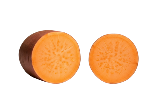 A single fresh sweet potato cut lengthwise and a cross-section slice, isolated on a transparent background, detailed orange flesh and reddish-brown skin. Concept of natural food beauty and scientific