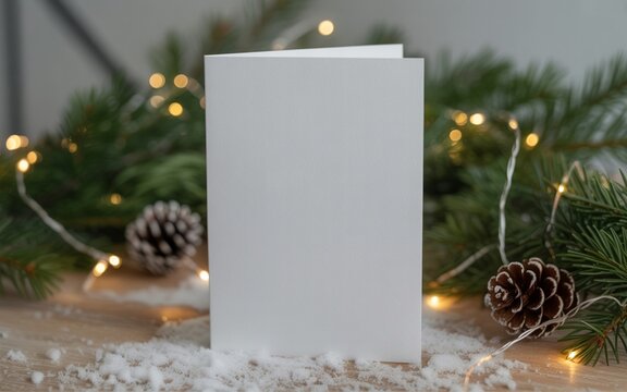 Vertical Christmas card mockup with fir branches, pinecones and warm fairy lights on wooden background ideal festive template for greeting cards, branding, invitations and cozy holiday design projects