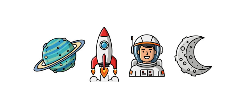 Colorful cartoon space icons: planet, rocket, astronaut, moon theme
