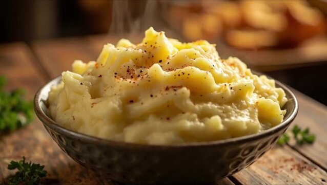 Creamy mashed potatoes in a white ceramic bowl, rustic style, comfort food side dish with copy space