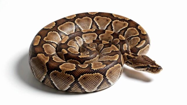 A photorealistic video of a python coiled in a resting pose on a clean white seamless background. Detailed scale texture and natural body curves rendered with realistic lighting and shadows.