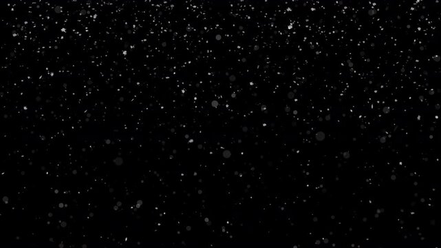 Animation with falling snowflakes and shimmering bokeh particles. Snowing loop, 50 FPS, ProRes with alpha channel (transparent background).