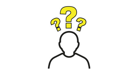 A head with multiple question marks above minimalistic art style silhouette