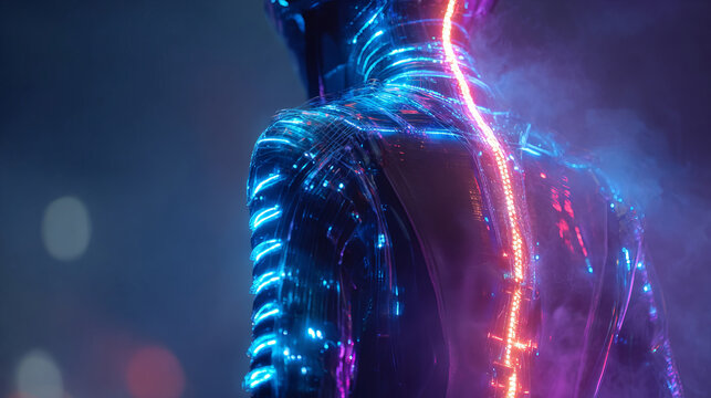 A digital warrior in a glowing suit stands alone in a neon-lit environment, reflecting themes of privacy, solitude, and virtual reality