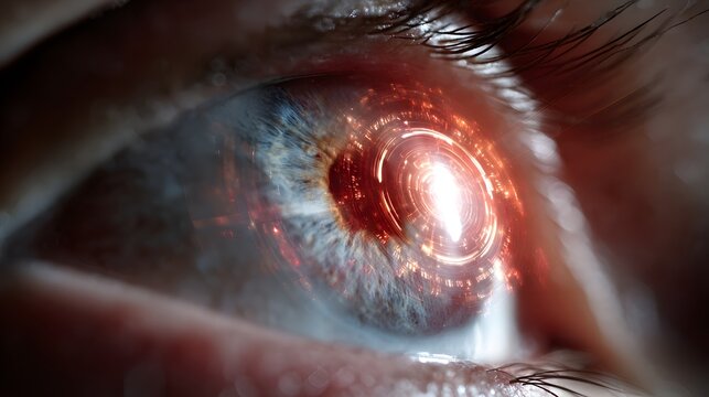 Extreme close up reveals futuristic glowing digital interface embedded within the human iris