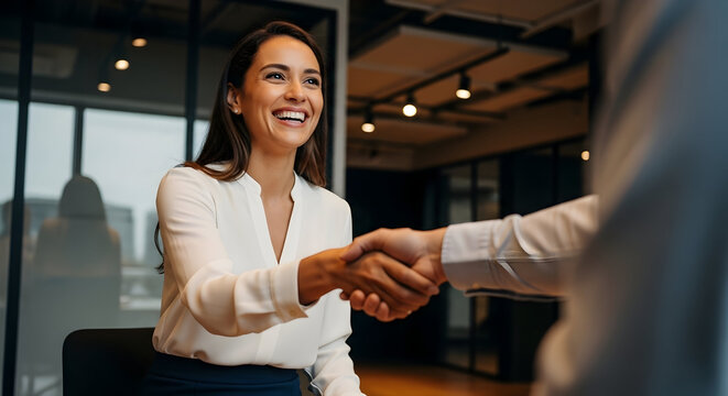 Happy business woman shaking hands with a client or partner in a modern office, representing agreement, partnership, and successful collaboration.