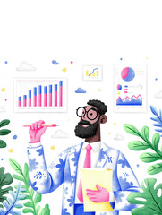 Smiling businessman with folder and pencil surrounded by plants and charts. Fun and colorful business illustration symbolizing growth and creativity