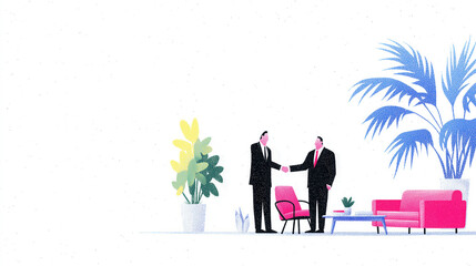 Businessmen shaking hands in modern office with plants and white copy space. Minimalist graphic illustration for partnership and agreement concepts