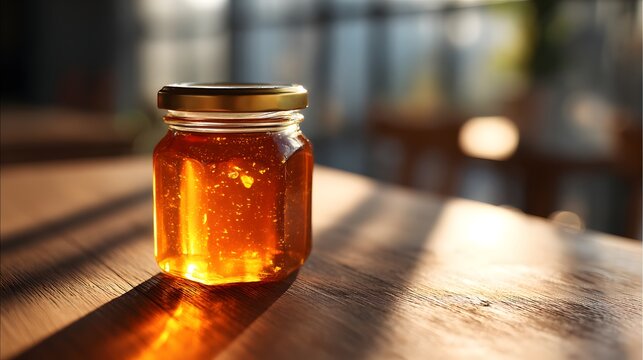Glass jar filled with golden amber sweetener rests on a wooden surface bathed in sunlight