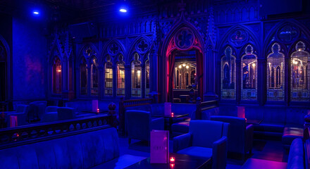 Interior view of a gothic style lounge area with blue and red lighting and decorative archways ai generated