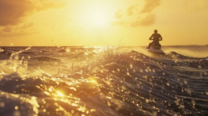 Obraz premium A person rides a jet ski on the ocean during sunset. Waves splash around, reflecting golden sunlight. The scene captures the thrill of water sports.