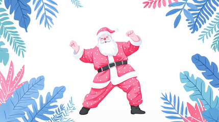 Santa Claus dancing joyfully surrounded by tropical leaves. Fun Christmas illustration blending holiday spirit with exotic festive vibes