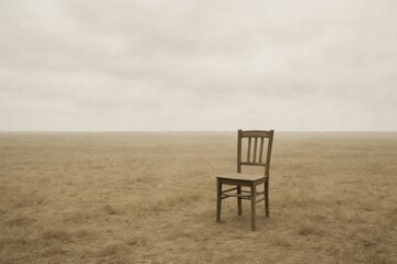 Fototapeta premium Wooden chair stands alone in a vast, empty field under an overcast sky