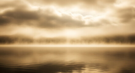 A serene view of a misty lake with clouds reflecting on the water surface in a sepia toned landscape ai generated
