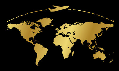 Airplane route over world map. Plane, flight path. Air travel concept. Vector illustration.